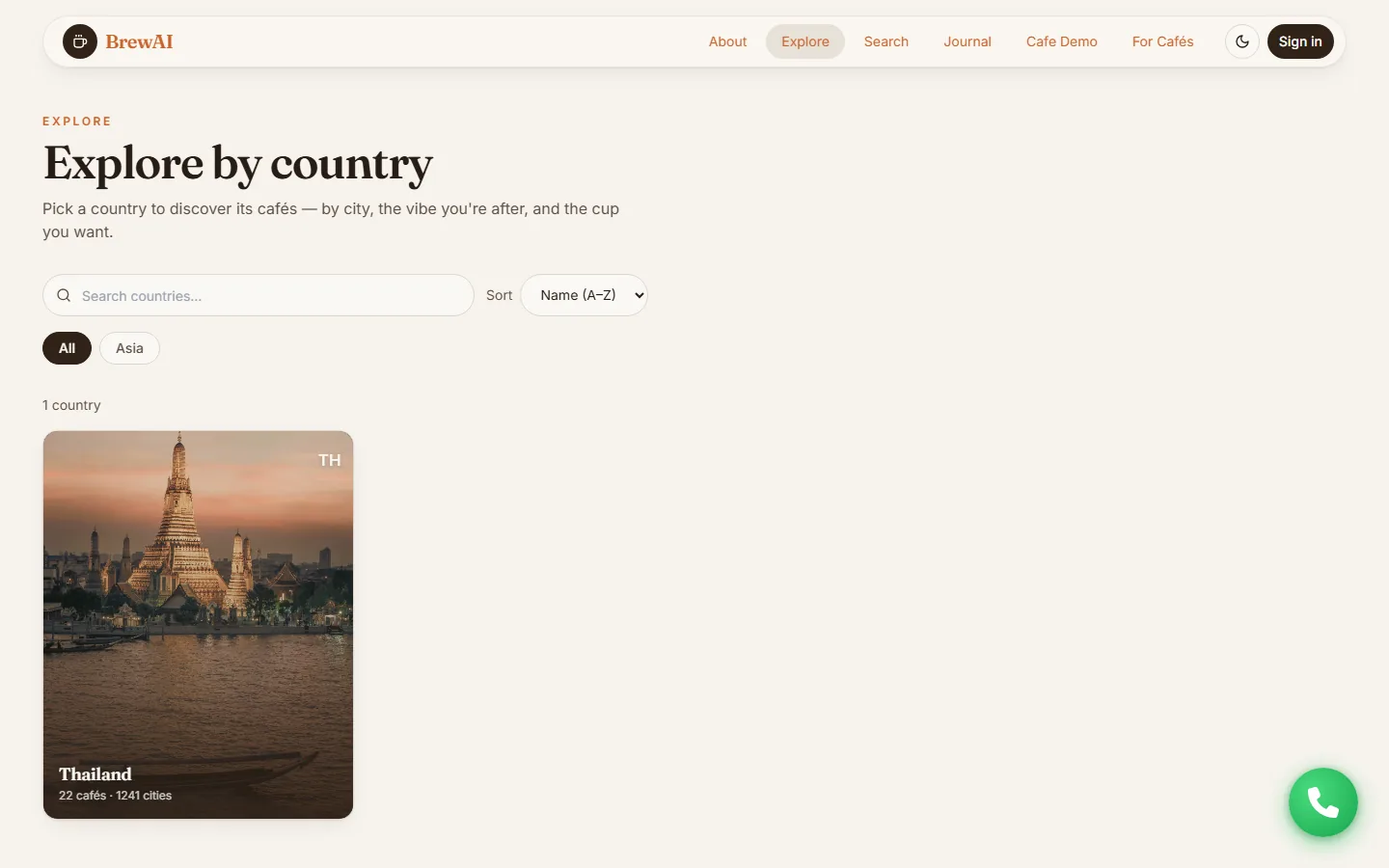 หน้า Explore เลือกดูคาเฟ่ตามประเทศ